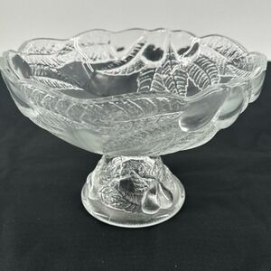 Pedestal Fruit Bowl Pear Leaf Design Vintage‎ 80s Teleflora Pressed Glass 7.5" D